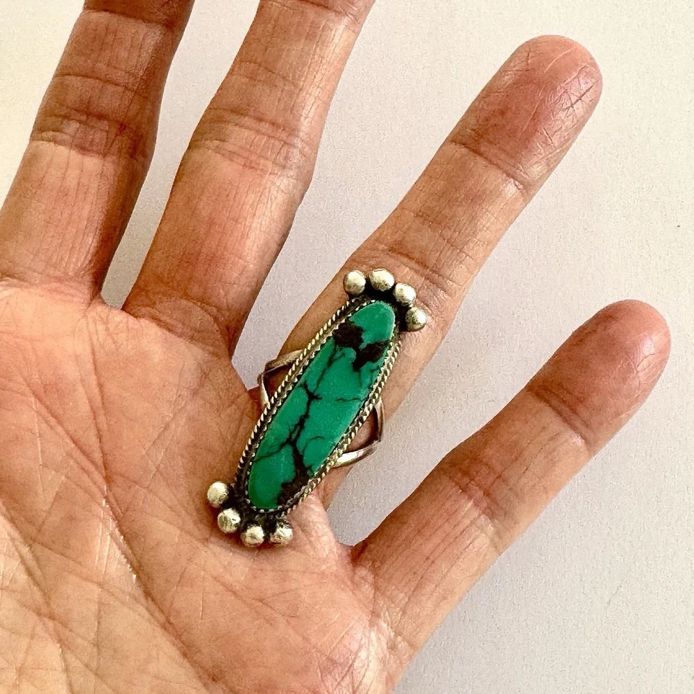 Navajo Turquoise Ring‎ Sz 8 Flat Cab Sterling Signed Selina Warner Native Amer